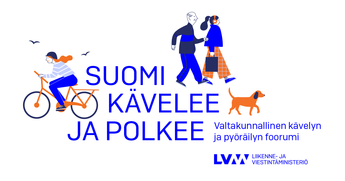 Pyöräilijä, kävelijöitä ja koira. (Kuva: LVM, kuvitukset Kati Närhi)