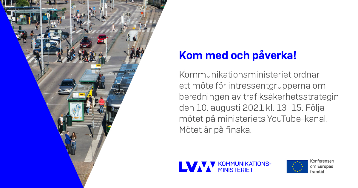 Möte för intressentgrupperna om beredningen av trafiksäkerhetsstrategin. I fotot spårvagnar och bilar framför Helsingfors järnvägsstationen (Foto: KM, Shutterstock/Milkovasa)