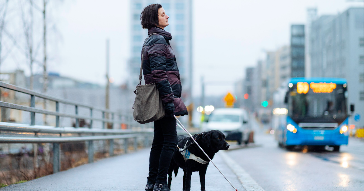 Blind passenger waiting for the bus with a guide dog. (Image: Mika Pakarinen, Keksi / LVM)